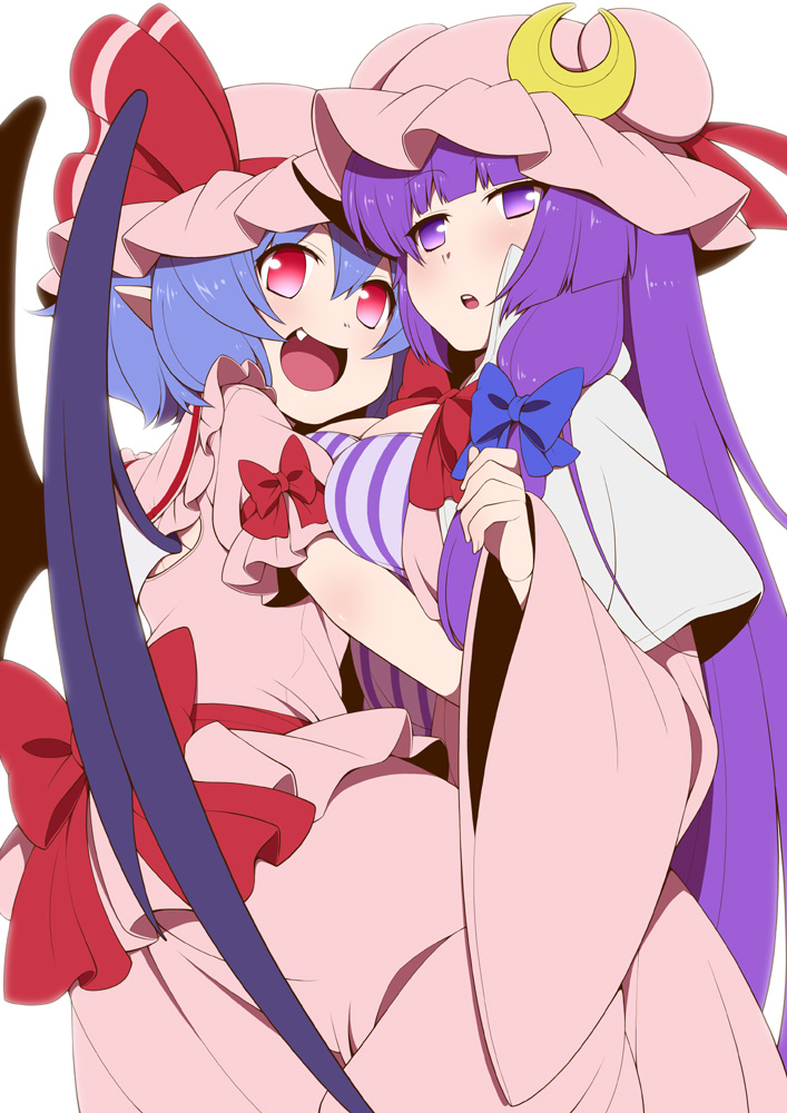 2girls backlighting bat_wings blue_hair breast_press crescent dress eichi_yuu fang hair_ribbon hug long_hair long_sleeves mob_cap multiple_girls open_clothes open_coat open_mouth patchouli_knowledge pink_dress pink_eyes pointy_ears puffy_sleeves purple_dress purple_hair remilia_scarlet ribbon sash short_sleeves smile touhou tress_ribbon very_long_hair violet_eyes wide_sleeves wings