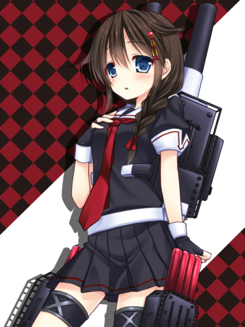 1girl asazuki_kanai blue_eyes braid brown_hair cannon hair_ornament kantai_collection long_hair personification pleated_skirt school_uniform serafuku shigure_(kantai_collection) single_braid skirt solo torpedo turret