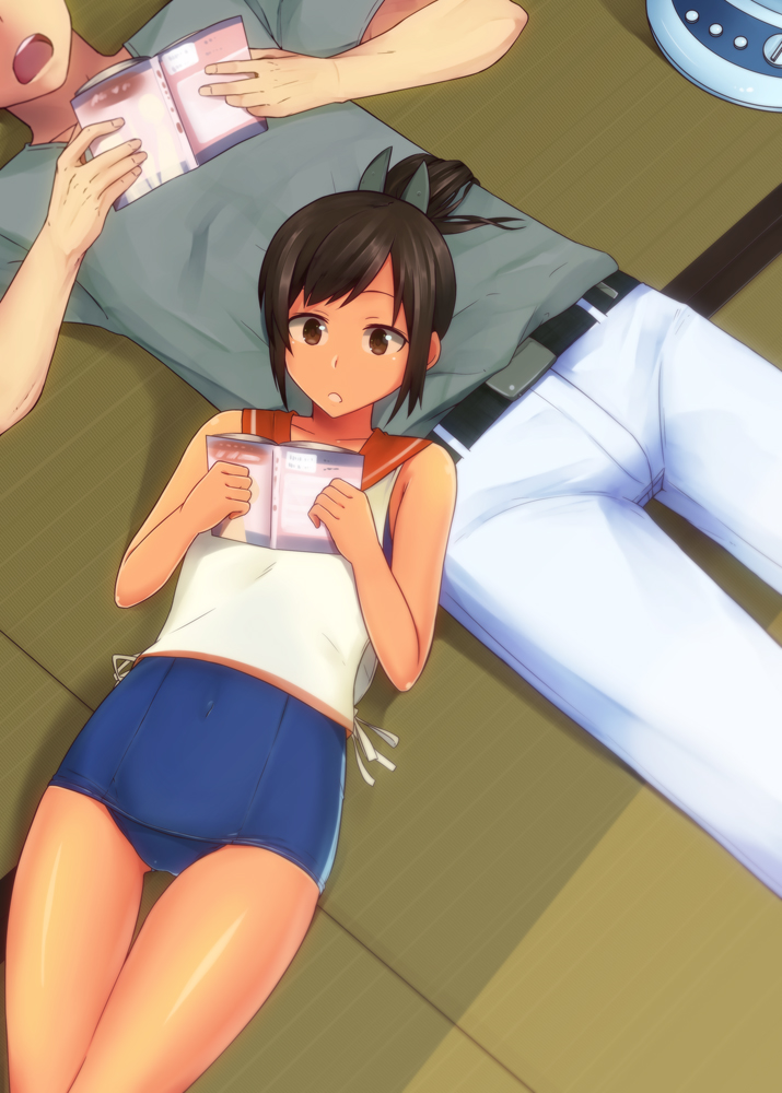 1boy 1girl bare_shoulders blush book brown_eyes brown_hair i-401_(kantai_collection) kantai_collection lying_on_person one-piece_swimsuit open_mouth personification ponytail reading sailor_collar school_swimsuit school_uniform short_hair short_ponytail swimsuit uono_shinome