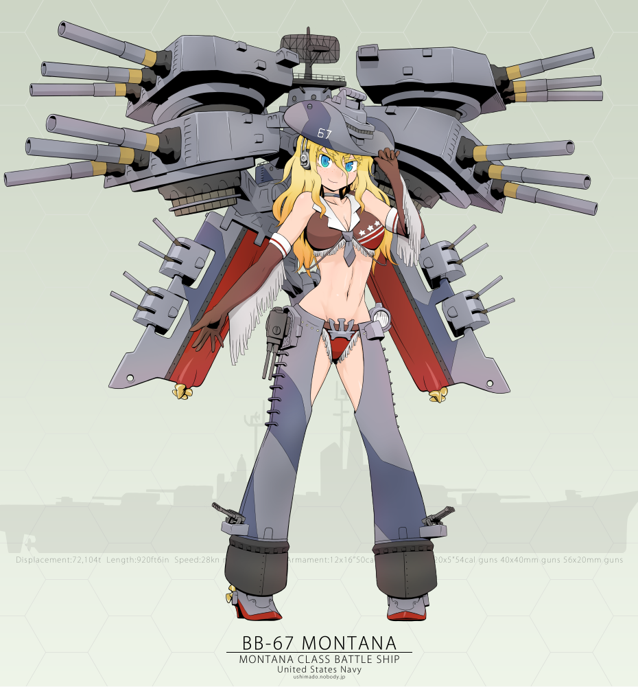 1girl adjusting_clothes adjusting_hat blonde_hair blue_eyes breasts cannon chaps choker cleavage cowboy_hat elbow_gloves gloves hat hex_grid kantai_collection long_hair midriff original personification radar smile solo turret us_navy ushimado uss_montana_(bb-67)