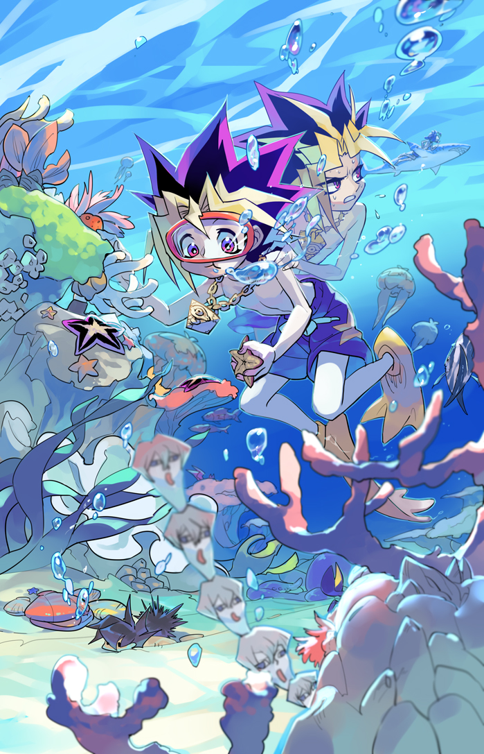 3boys algae barnacle black_hair blonde_hair bubble chain character_request clam clenched_teeth coral coral_reef fish flippers goggles hand_on_another's_shoulder jellyfish jewelry kaiba_seto kushabiria male manjoume_jun millennium_puzzle multicolored_hair multiple_boys mutou_yuugi no_nipples ocean octopus purple_hair rock sand sea_urchin seaweed shark shirtless smile spiky_hair starfish sweat swim_trunks swimming underwater violet_eyes water yami_yuugi yuu-gi-ou yuu-gi-ou_duel_monsters