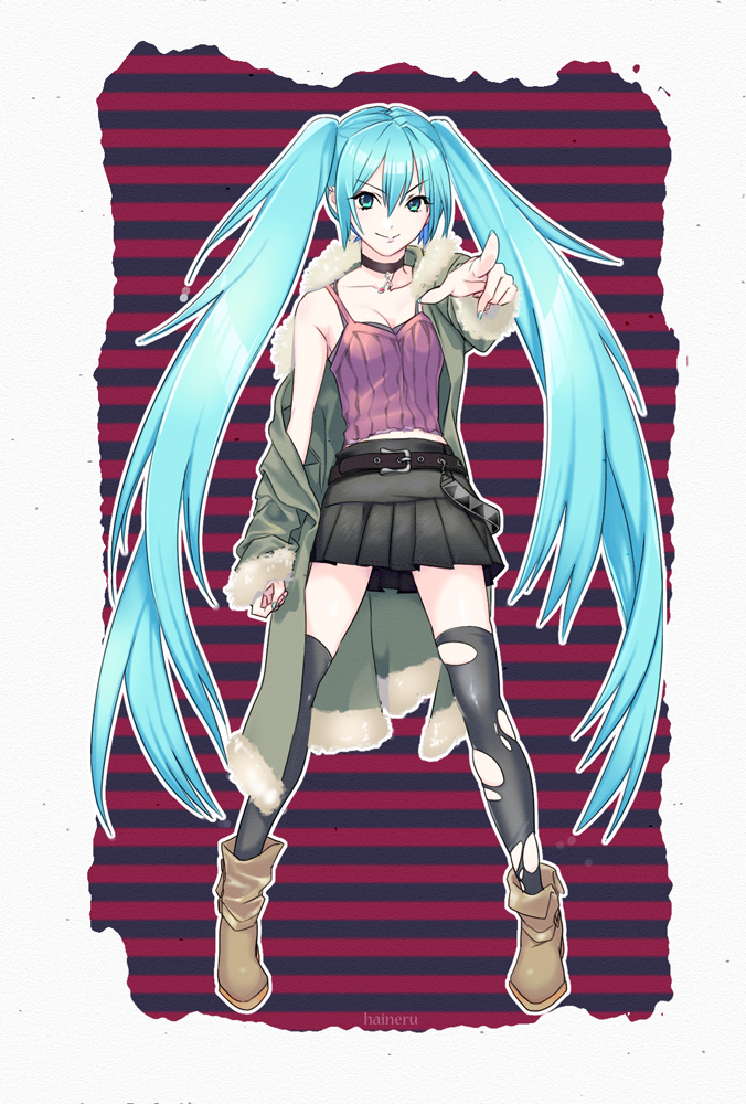 1girl belt blue_hair choker coat haineru hatsune_miku long_hair off_shoulder pointing skirt solo striped striped_background thigh-highs torn_clothes torn_thighhighs twintails very_long_hair vocaloid