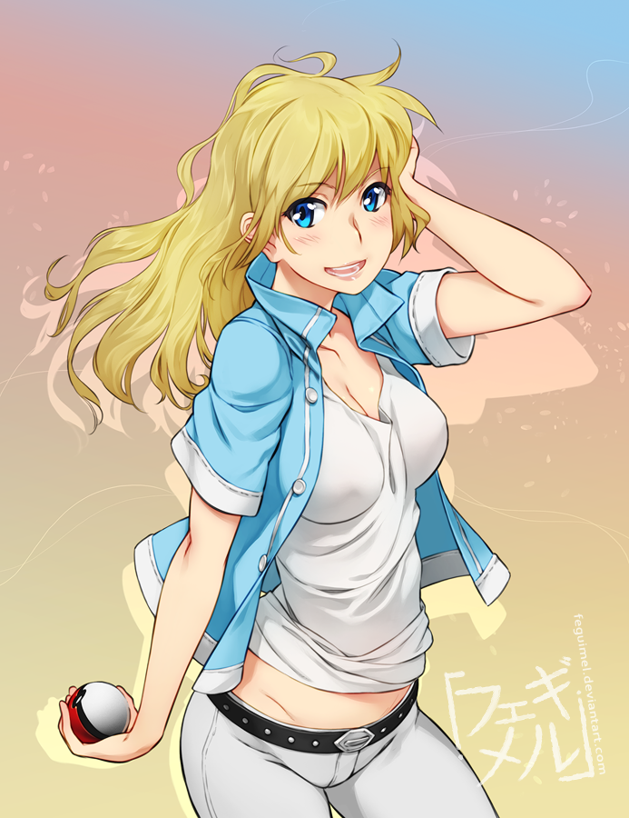 1girl :d blonde_hair blue_eyes breasts cleavage feguimel gradient gradient_background jacket lips long_hair midriff open_mouth poke_ball pokemon smile solo