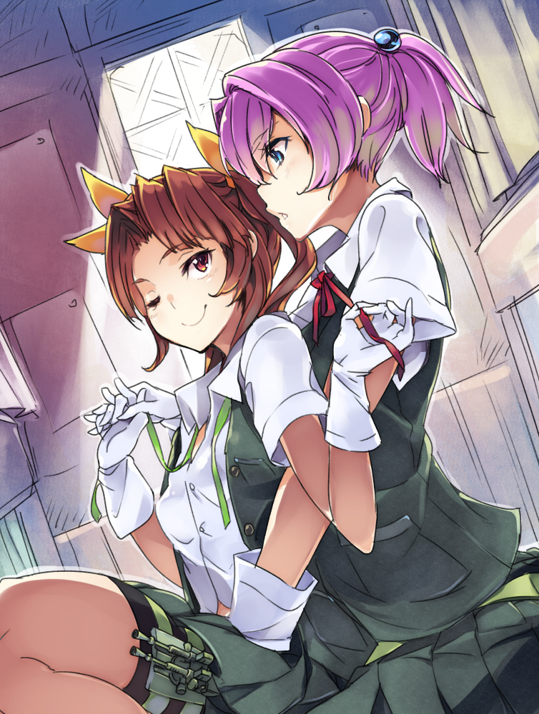 2girls ;) bike_shorts blue_eyes brown_hair dutch_angle gloves hair_ornament hair_ribbon interlocked_fingers kagerou_(kantai_collection) kantai_collection long_hair multiple_girls parted_lips personification pink_hair pleated_skirt ponytail red_eyes ribbon school_uniform shiranui_(kantai_collection) short_hair shorts_under_skirt skirt smile super_zombie twintails untying white_gloves wink yuri