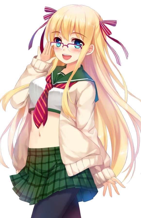 1girl :d black_legwear blonde_hair blue_eyes bow glasses hair_bow long_hair midriff necktie open_mouth original pantyhose red-framed_glasses skirt smile solo teeth tonee