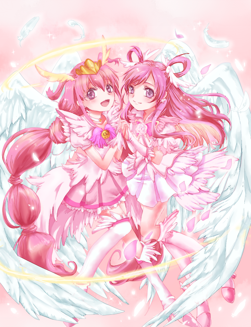 2girls angel_wings boots color_connection cure_dream cure_happy dress earrings flower frills hair_rings halo holding_hands hoshizora_miyuki jewelry knee_boots long_hair magical_girl mirrrrr multiple_girls pink_dress pink_hair precure princess_form_(smile_precure!) rose shining_dream skirt smile smile_precure! tiara twintails violet_eyes white_rose white_wings wings wrist_cuffs yes!_precure_5 yumehara_nozomi