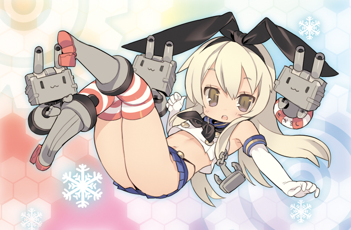 1girl :3 anchor blade_(galaxist) blonde_hair boots brown_eyes elbow_gloves gloves hair_ribbon innertube kantai_collection long_hair midriff miniskirt navel o panties rensouhou-chan ribbon shimakaze_(kantai_collection) skirt snowflakes socks striped striped_legwear thighhighs thong underwear