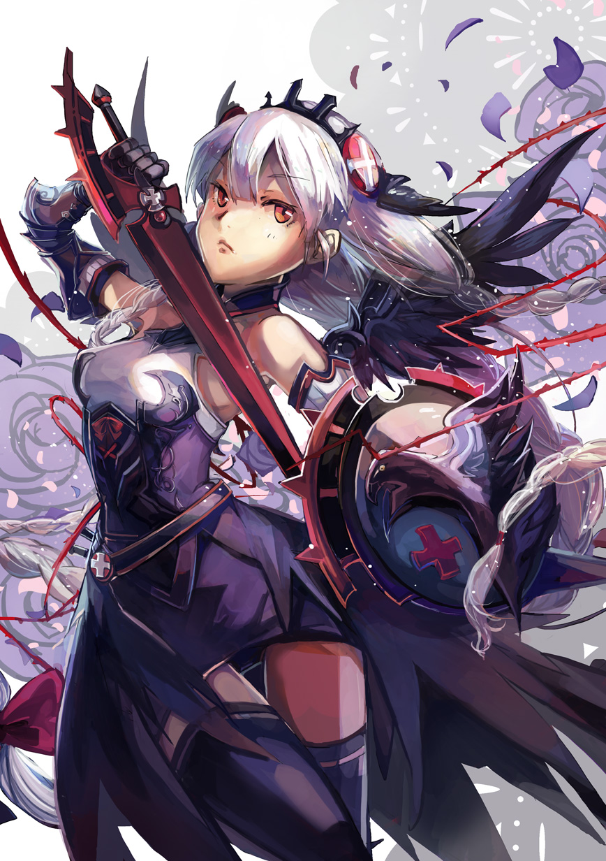 1girl braid dress flower gauntlets highres petals puzzle_&amp;_dragons red_eyes rose rose_petals shadowsinking shield silver_hair solo sword thigh-highs valkyrie_(p&amp;d) weapon zettai_ryouiki