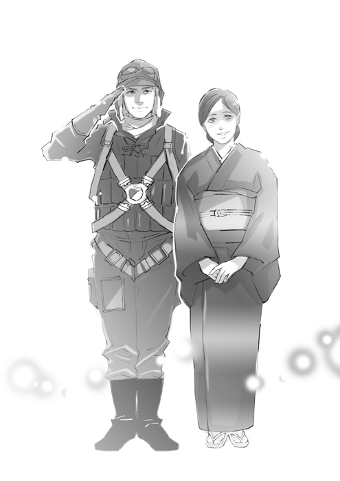 1boy 1girl boots comic eien_no_zero gloves goggles_on_hat husband_and_wife japanese_clothes kimono long_hair miyabe_kyuuzou miyabe_matsuno monochrome narayamanta obi pilot_suit salute short_hair silent_comic