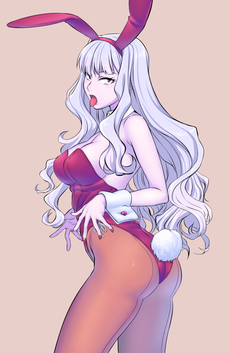 1girl animal_ears ass bare_shoulders blush breasts bunny_girl bunny_tail bunnysuit cleavage detached_collar highres idolmaster large_breasts long_hair looking_at_viewer oku_(okumen) open_mouth pantyhose rabbit_ears red_eyes shijou_takane silver_hair solo tail tongue tongue_out wrist_cuffs