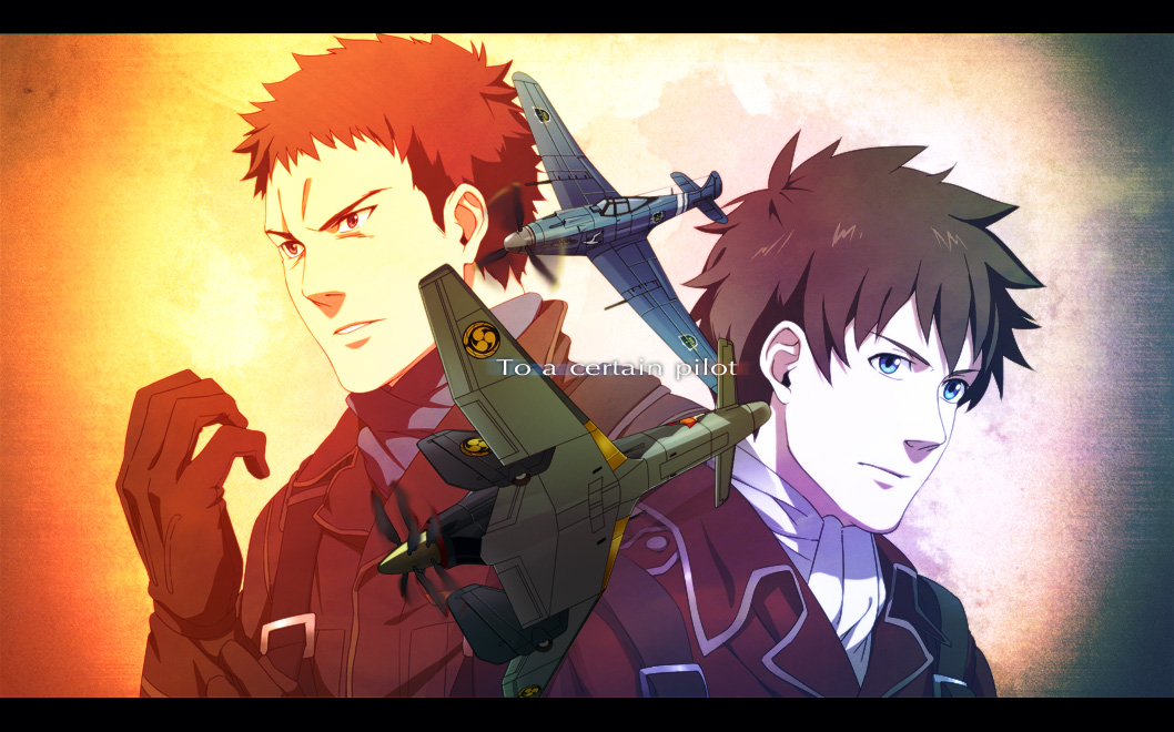 2boys airplane black_hair blue_eyes charles_karino chijiwa_takeo clouds gloves hikuushi_series military multiple_boys pilot short_hair sky to_aru_hikuushi_e_no_tsuioku to_aru_hikuushi_e_no_yasoukyoku uniform