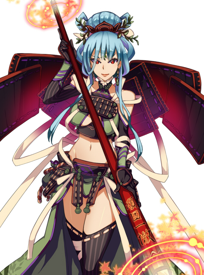 1girl blue_hair elbow_gloves gloves kawagoe_pochi midriff navel red_eyes sengoku_slayer solo thigh-highs weapon