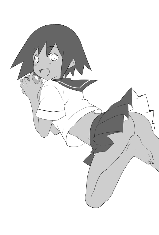 1girl apple ass bare_legs ekra fang food fruit monochrome navel neckerchief no_panties open_mouth sayonara_zetsubou_sensei school_uniform sekiutsu_maria_tarou serafuku short_hair skirt smile solo tan