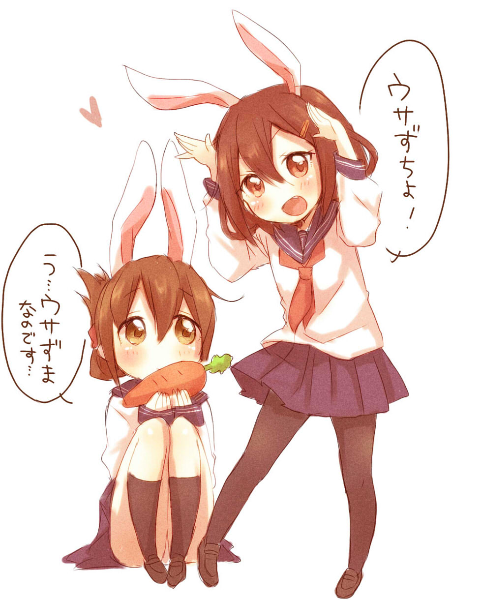 2girls animal_ears brown_eyes brown_hair carrot fang hair_ornament hairclip half_updo heart highres ikazuchi_(kantai_collection) inazuma_(kantai_collection) kantai_collection kemonomimi_mode looking_at_viewer multiple_girls open_mouth pantyhose personification rabbit_ears sitting sleeves_past_wrists yellow_eyes you-1110