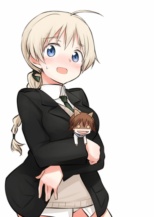 1girl animal_ears blonde_hair blue_eyes blush braid breasts brown_hair character_doll glowing glowing_eyes hug long_hair looking_at_viewer lynette_bishop miyafuji_yoshika multiple_girls open_mouth panties sandwich_(artist) single_braid smile strike_witches sweatdrop underwear