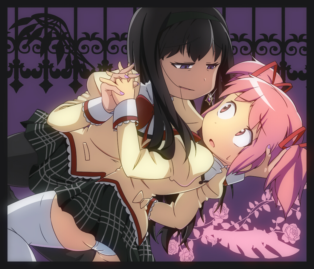 2girls akemi_homura black_hair bow crab_club hair_in_mouth hair_ribbon hairband holding_hands kaname_madoka long_hair mahou_shoujo_madoka_magica multiple_girls naughty_face panties pink_eyes pink_hair plaid plaid_skirt ribbon school_uniform short_hair skirt thighhighs twintails underwear violet_eyes white_legwear white_panties