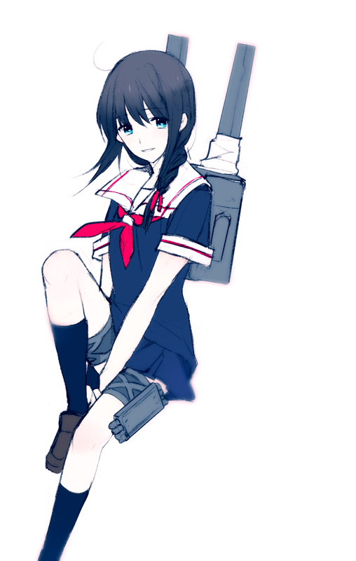 1girl ahoge black_hair blue_eyes braid kantai_collection kazunon long_hair personification school_uniform serafuku shigure_(kantai_collection) single_braid smile solo white_background