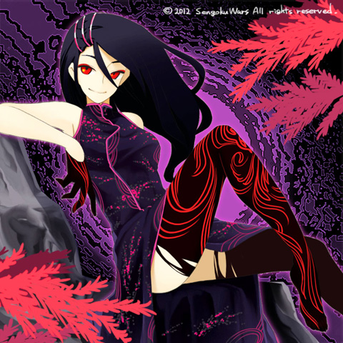 1girl abstract_background black_hair branch character_request china_dress chinese_clothes dated half_gloves knee_up legs long_hair looking_at_viewer lowres poaro print_legwear red_eyes sengoku_wars solo thigh-highs thighs torn_legwear