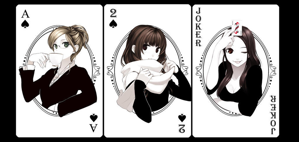 3girls ace_of_spades arm_rest blonde_hair breasts brown_eyes brown_hair business_suit card cleavage cup drinking green_eyes holding holding_card holding_cup joker long_hair looking_at_viewer multiple_girls off-shoulder_sweater original playing_card playing_card_theme poaro scarf shirt teacup tongue tongue_out two_of_spades white_skin wink