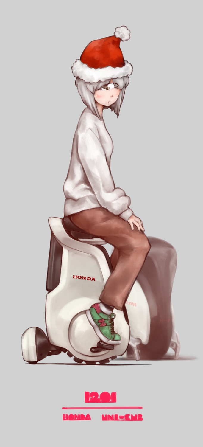 bob_cut cyclops grey_background hat highres honda monster_girl one-eyed pants san_mamiya santa_hat shoes short_hair silver_hair sitting sneakers sweater unicycle