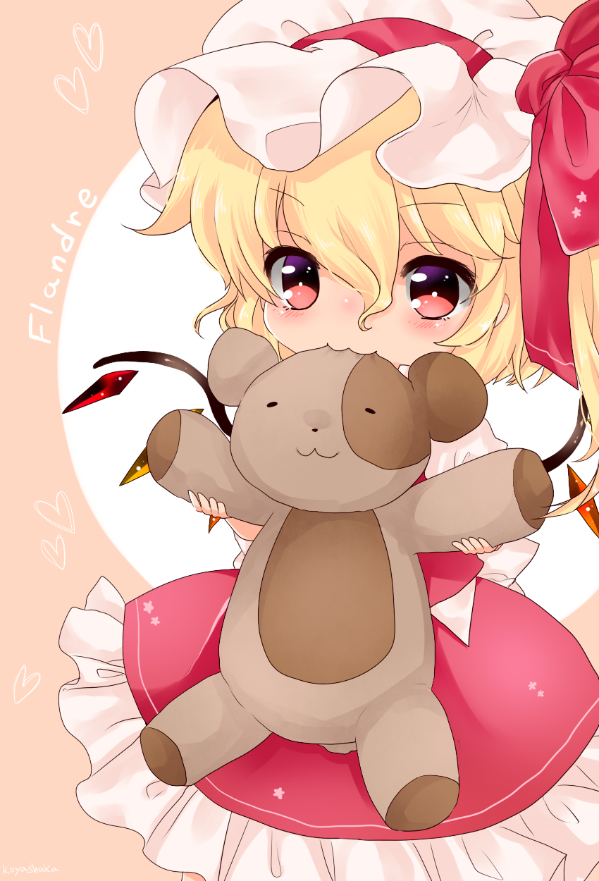 1girl :3 biting blonde_hair bow child dress flandre_scarlet hat hat_bow highres koyashaka mob_cap pink_eyes red_dress side_ponytail solo stuffed_animal stuffed_toy teddy_bear touhou wings young