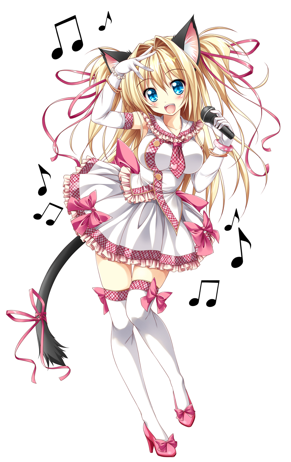 1girl :d animal_ears blonde_hair blouse blue_eyes bracelet breasts cat_ears elbow_gloves frilled_shirt frilled_skirt frills gloves high_heels highres jewelry kamiya_tomoe microphone musical_note necktie open_mouth ribbon skirt smile tail tail_ribbon thighhighs white_legwear