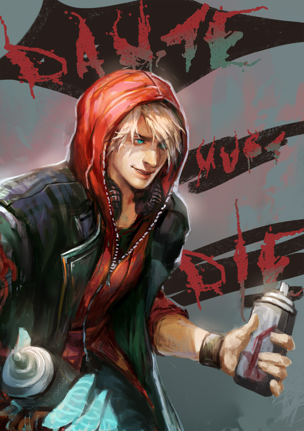 1boy akumey blue_eyes devil_bringer devil_may_cry devil_may_cry_4 hood hoodie nero_(devil_may_cry) solo spray_can white_hair