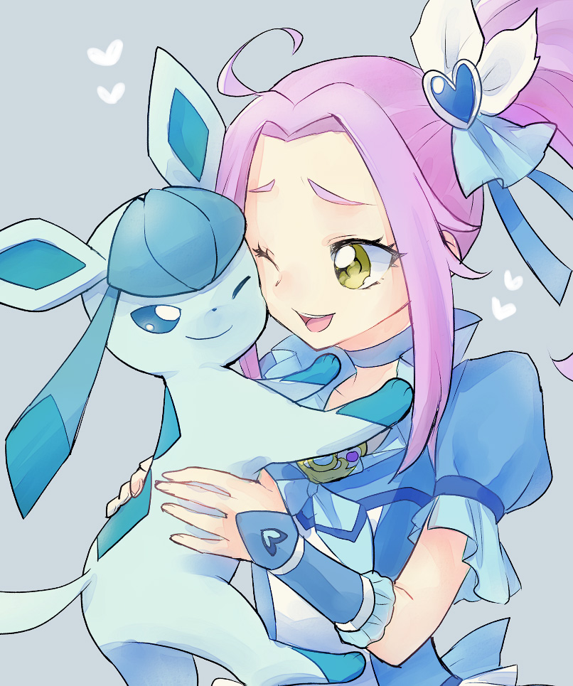 1girl blue_dress choker crossover cuddling cure_beat dress eyelashes eyepatch glaceon hair_ornament happy heart holding kurochiroko kurokawa_eren long_hair looking_at_viewer magical_girl open_mouth pokemon pokemon_(creature) ponytail precure puffy_sleeves purple_hair ribbon seiren_(suite_precure) side_ponytail simple_background smile solo suite_precure wrist_cuffs yellow_eyes