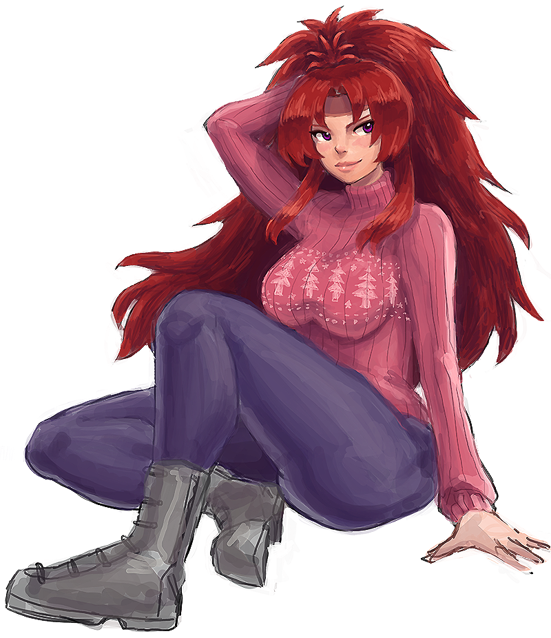 1girl boots breasts christmas contemporary headband jeans large_breasts long_hair pltrgst queen's_blade redhead ribbed_sweater risty sitting smile solo sweater turtleneck violet_eyes