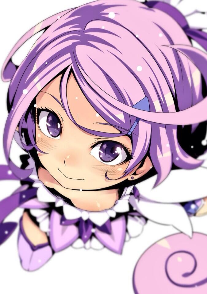 breasts cleavage cure_sword dokidoki!_precure down_blouse dress earrings frills hair_ornament jewelry kenzaki_makoto looking_at_viewer looking_up magical_girl precure purple_dress purple_hair purple_legwear smile tagme tasaka_shinnosuke violet_eyes white_background