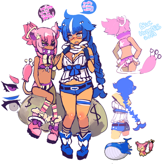 $ 2girls animal_ears ankle_boots blue_(hopebiscuit) blue_hair blush boots braid breasts bustier cat_ears cleavage face_mask fingerless_gloves flat_chest garters glasses gloves grey_eyes long_hair mask multiple_girls personification pigeon-toed pink_hair pokemon pokemon_(creature) sack scarf semi-rimless_glasses short_shorts shorts single_braid skitty tail tan under-rim_glasses violet_eyes wailord