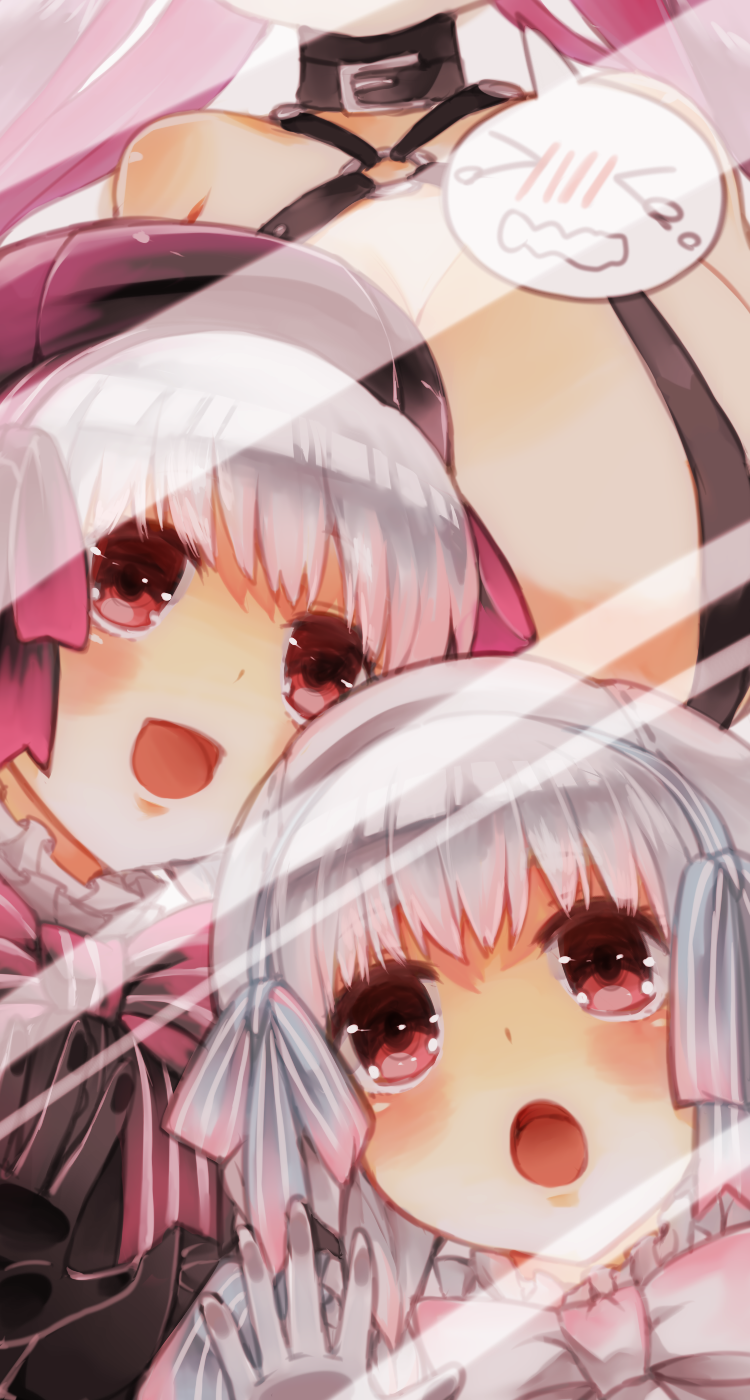 3girls alice_(fate/extra) braid breasts fate/extra fate/extra_ccc fate_(series) hat head_out_of_frame highres multiple_girls passion_lip red_eyes tamaki_(glass_bottle) twin_braids white_hair
