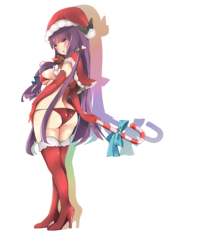 1girl alternate_costume ass bikini blush bow breasts candy candy_cane capelet christmas co_(eselisapyon) hat high_heels large_breasts long_hair looking_back open_mouth panties patchouli_knowledge red_bikini santa_costume santa_hat swimsuit thighhighs thighs touhou underwear very_long_hair white_background