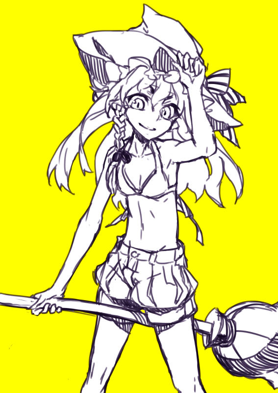 1girl adjusting_clothes adjusting_hat arm_up bikini_top bow braid broom hair_ribbon hat hat_bow holding_brooms kirisame_marisa knees legs long_hair looking_at_viewer mavel midriff monochrome puffy_shorts ribbon shorts simple_background smile solo striped_bow thupoppo touhou witch_hat yellow_background