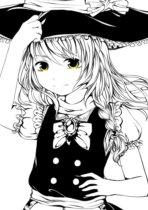 1girl apron bow braid brooch bust greyscale hand_on_hat hand_on_hip hat hat_ribbon igyouhime jewelry kirisame_marisa long_hair looking_at_viewer monochrome puffy_short_sleeves puffy_sleeves ribbon short_sleeves single_braid smile solo spot_color touhou vest waist_apron yellow_eyes