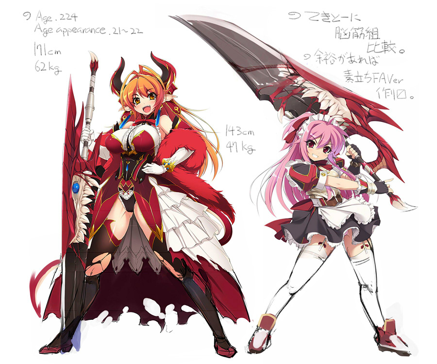 2girls anneroze_siryou antenna_hair bare_shoulders breasts claymore_maid demon_girl demon_tail elbow_gloves feather_boa fingerless_gloves garter_straps gloves grin hand_on_hip horns huge_breasts huge_weapon long_hair maid maid_headdress mel/a multiple_girls orange_eyes orange_hair over_shoulder pink_hair pointy_ears ponytail red_eyes shingeki_no_bahamut smile sword sword_over_shoulder tail thigh-highs translation_request weapon weapon_over_shoulder