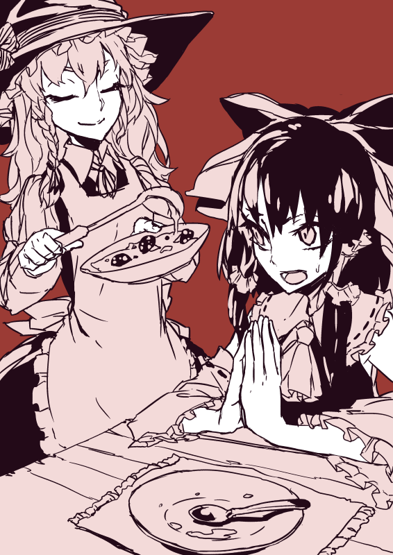 2girls apron ascot black_hair braid closed_eyes detached_sleeves empty_bowl eyelashes food hair_tubes hakurei_reimu hands_together hat kirisame_marisa ladle long_hair monochrome multiple_girls placemat red_background simple_background sitting soup spoon table thupoppo touhou witch_hat