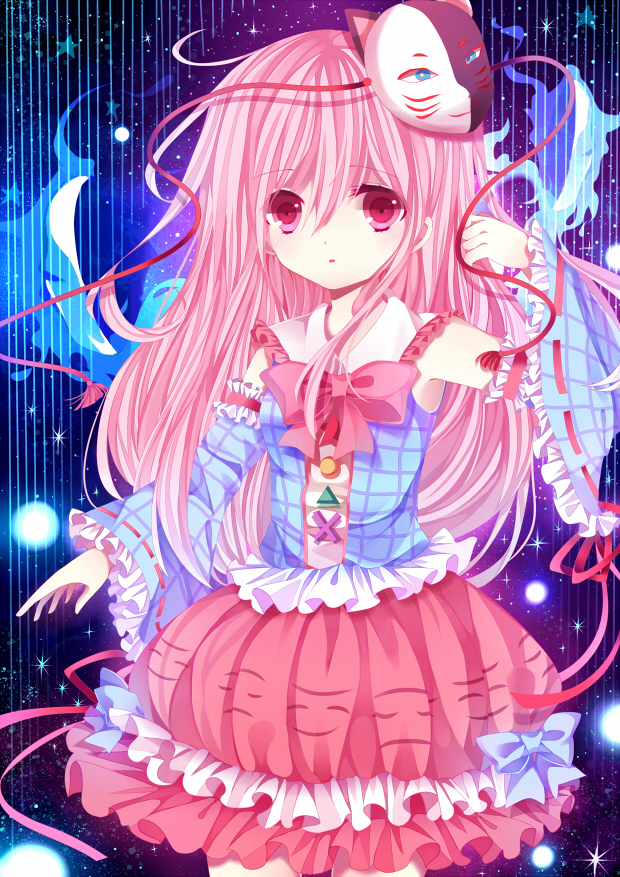 1girl :o adapted_costume armpits blue_background bow detached_sleeves fox_mask hata_no_kokoro light_particles long_hair looking_at_viewer mask moseley pink_eyes pink_hair plaid plaid_shirt raised_hand skirt sky solo star_(sky) starry_sky striped striped_background touhou triangle x