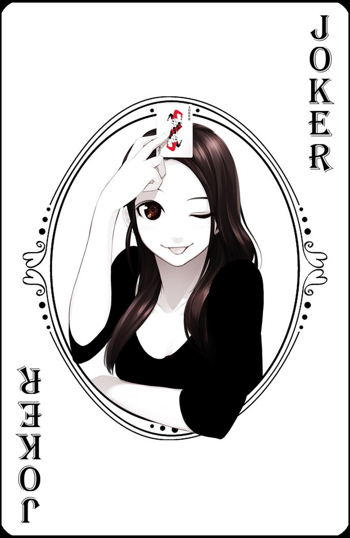 1girl ;p black_shirt brown_eyes brown_hair card frame holding holding_card joker long_hair monochrome original playing_card playing_card_theme poaro smile solo spot_color tongue tongue_out white_background white_skin wink