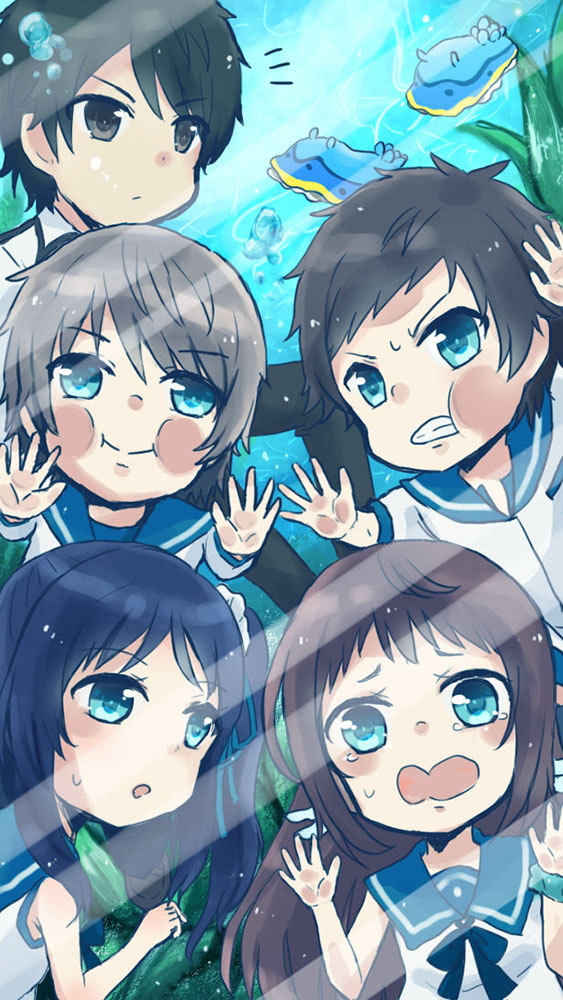 2girls 3boys against_glass black_eyes black_hair blue_eyes blue_hair brown_hair chia_tomori chibi hiradaira_chisaki isaki_kaname kihara_tsumugu long_hair mukaido_manaka multiple_boys multiple_girls nagi_no_asukara sailor_dress sakishima_hikari short_hair side_ponytail silver_hair underwater