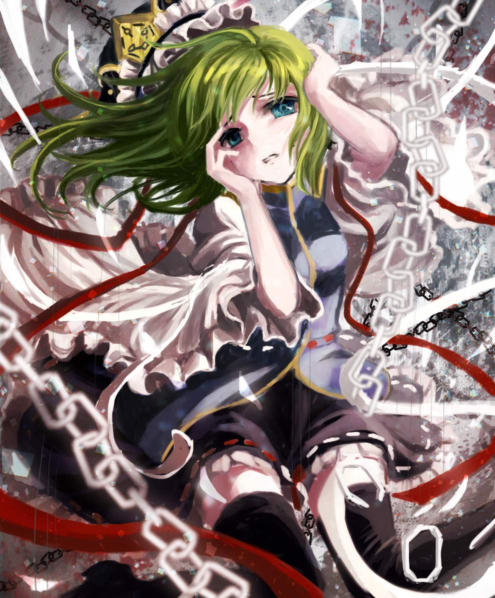 1girl black_legwear blue_eyes chain colored_eyelashes green_hair grey_background hands_on_own_face hat hat_removed hat_ribbon headwear_removed looking_at_viewer parted_lips ribbon shiki_eiki short_hair sitting skirt skirt_set solo thighhighs touhou urabe_michiru wariza