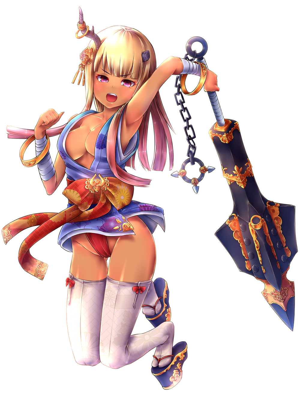 1girl amatelas bandages blonde_hair breasts chain cleavage clog_sandals club floral_print hair_ornament highres horns japanese_clothes kanabou loincloth long_hair obi oni open_mouth original sash solo thigh-highs violet_eyes weapon white_legwear