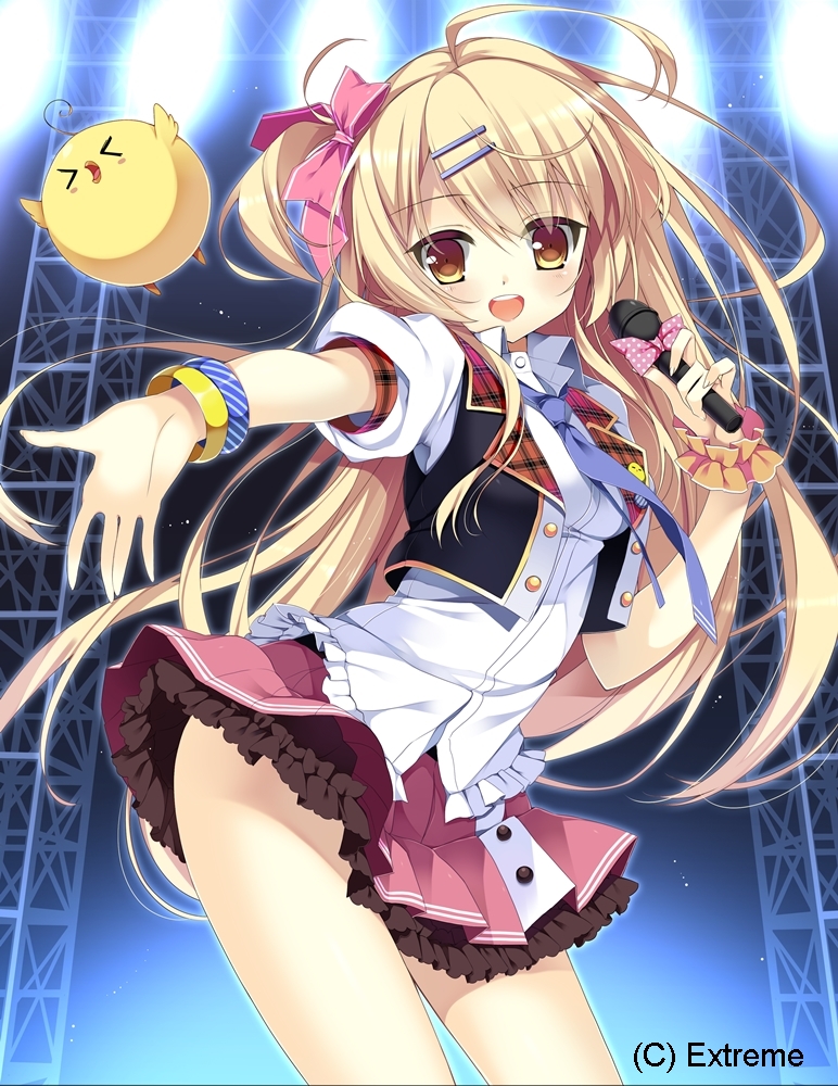 1girl :d bird blonde_hair bracelet brown_eyes hair_ornament hair_ribbon hairclip jewelry long_hair masushita_ito microphone momoiro_taisen_pairon necktie open_mouth original ribbon skirt smile