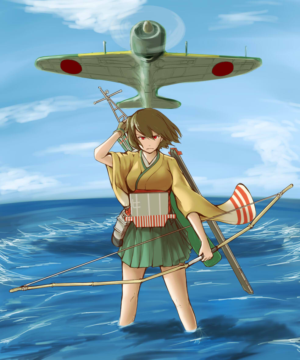 1girl a6m_zero airplane alternate_eye_color angry archery arrow blue_sky breasts brown_hair clouds flight_deck hiryuu_(kantai_collection) imperial_japanese_navy japanese_clothes kantai_collection kyuudou muneate ocean personification quiver red_eyes shao_(newton) short_hair side_ponytail single_glove skirt sky water yugake