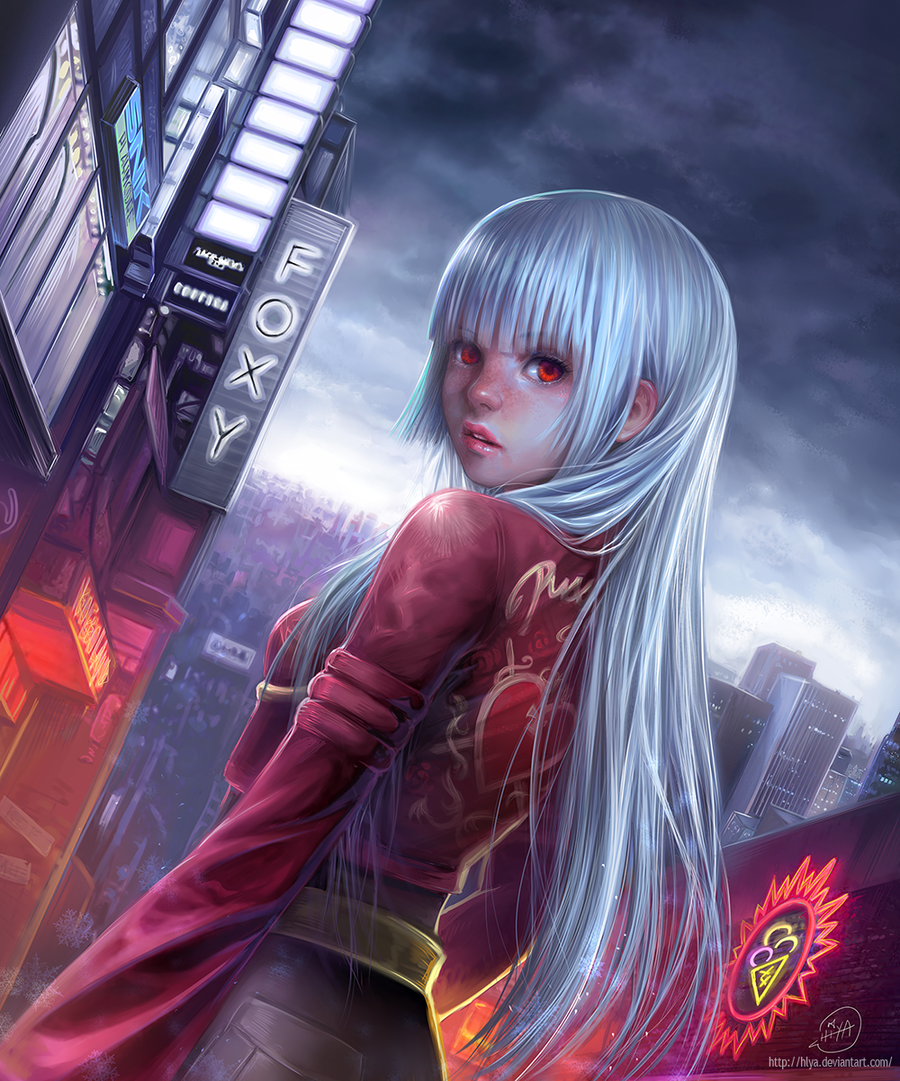 blue_hair city cropped_jacket eva_lara freckles king_of_fighters king_of_fighters_2000 kula_diamond lips long_hair looking_back realistic red_eyes