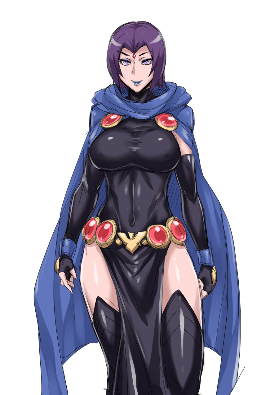 1girl belt black_beat breasts cape clothed_navel dc_comics elbow_gloves fingerless_gloves forehead_jewel gloves highres large_breasts leotard lips purple_hair raven_(dc) rough short_hair skin_tight smile teen_titans thigh-highs violet_eyes