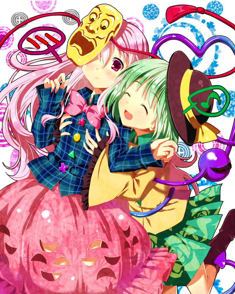 2girls :&lt; aqua_hair blouse blush boots bow closed_eyes cnm floral_print groping hands_on_another's_chest hat hat_ribbon hata_no_kokoro head_on_shoulder heart hug hug_from_behind komeiji_koishi leg_up long_hair long_sleeves looking_at_viewer mask multiple_girls musical_note one_eye_covered open_mouth pink_eyes pink_hair plaid plaid_shirt polka_dot polka_dot_background ribbon skirt sleeves_past_wrists spoken_musical_note star third_eye touhou triangle x