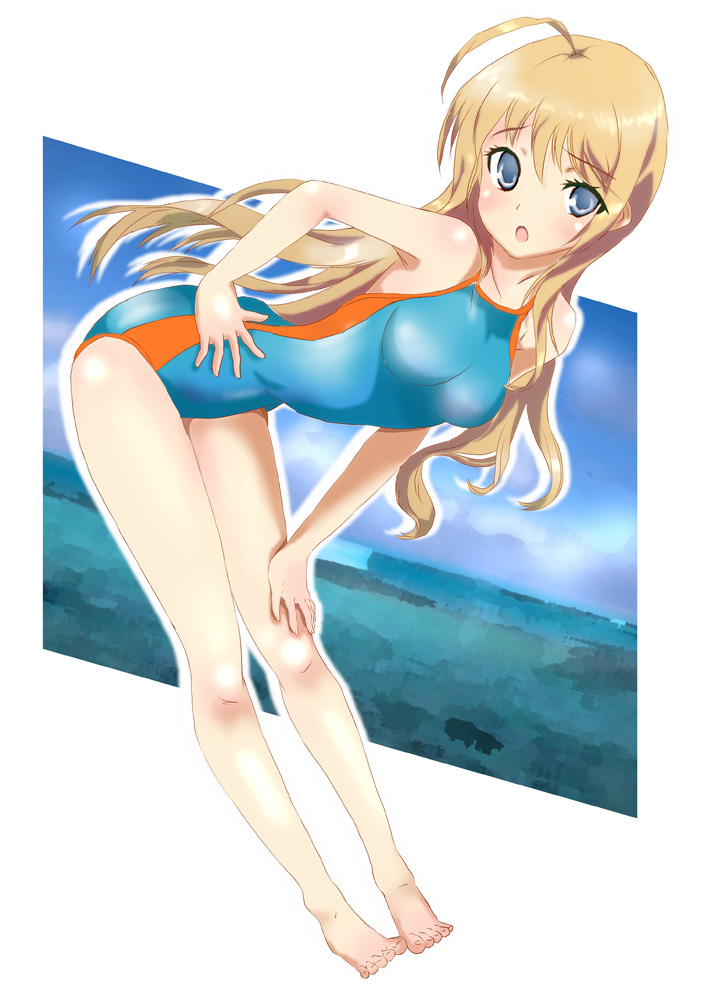 1girl ahoge bent_over blonde_hair blue_eyes competition_swimsuit konoe_subaru long_hair mayo_chiki! one-piece_swimsuit reiji-sss solo swimsuit