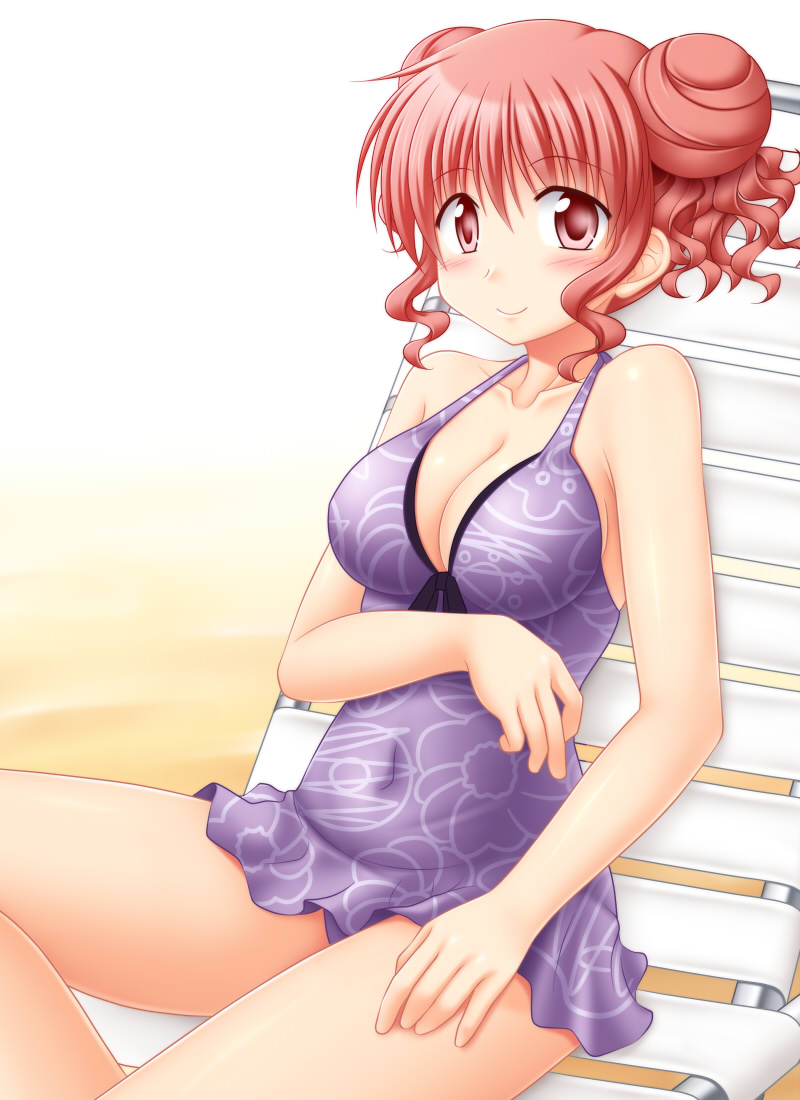 1girl blush breasts casual_one-piece_swimsuit chair cleavage double_bun hidamari_sketch hiro lounge_chair one-piece_swimsuit red_eyes redhead short_hair smile solo swimsuit utomo
