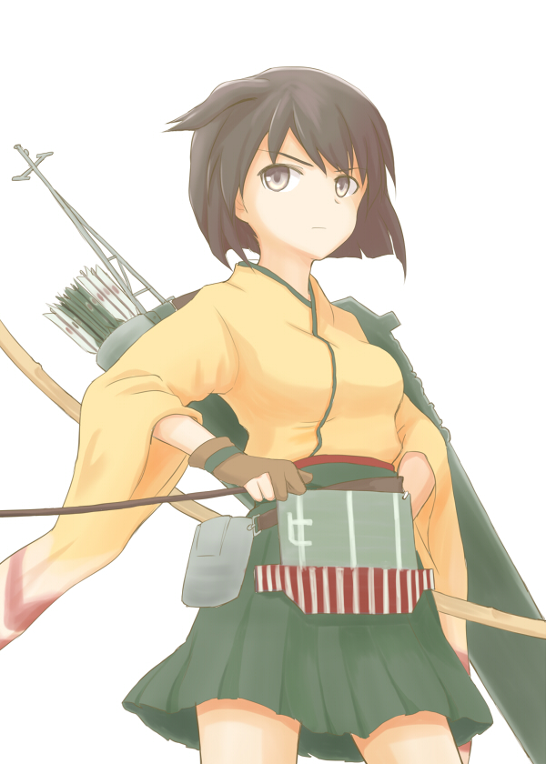 1girl archery arka arrow blush brown_eyes brown_hair flight_deck hand_on_hips hiryuu_(kantai_collection) japanese_clothes kantai_collection kyuudou looking_at_viewer personification quiver short_hair side_ponytail skirt yugake